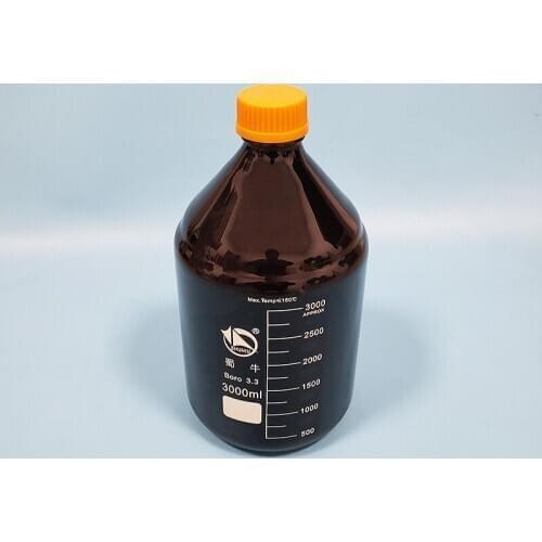 Brown reagent bottle,With yellow screw cover,Borosilicate glass 3.3,Capacity 3000ml,Graduation Sample Vials Plastic Lid