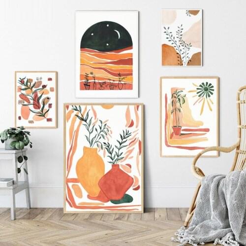 Colorful Vase Moon Stars Plant Wall Art Canvas Painting Nordic Boho Posters Abstract Prints Wall Pictures For Living Room Decor
