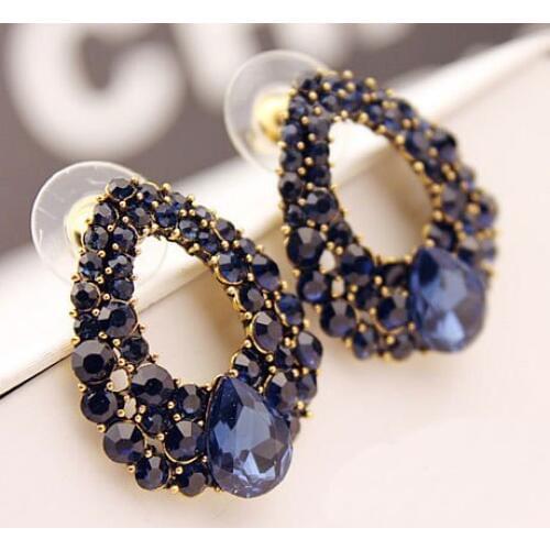 LEMOER Korean Fashion Boutique Baroque Big Blue CZ Rhinestone Crystal Gem Water D Stud Earrings Personalized Jewelry for Women