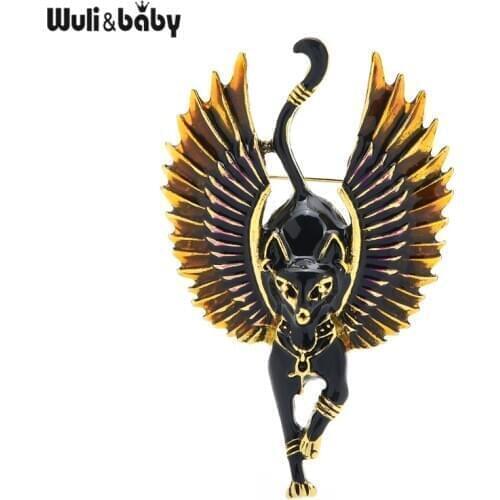 Wuli&baby Flying Angel Cat With Wings Enamel Animal Brooch Pins Egypt Bastet God Of Music & Family