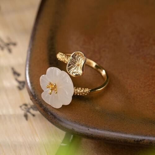 MIQIAO Butterfly Lotus Flower Golden Rings For Women 2020 Naw 925 Sterling Silver With Stone Natural Jade Gift Female On Finger