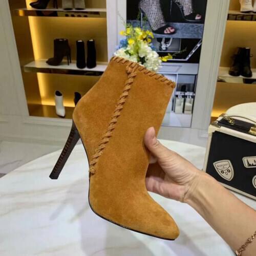 2019 New Fashion Luxury Boots Women Designers Cow Suede Zip Pointed Toe Thin Heels Super High (8cm-up) Ankle Women Boots