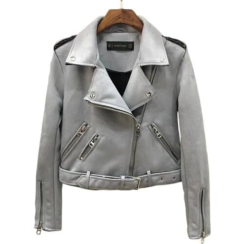 Autumn coat Women Leather suede faux leather jacket zipper belt moto jacket Cool streetwear ladies' leather jackets winter