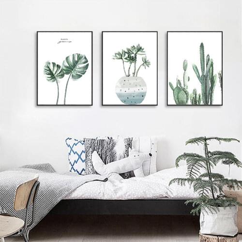 Scandinavian Poster Green Leaf Monstera Wall Art Canvas Painting Watercolor Plant Cactus Print Pictures Living Room Home Décor