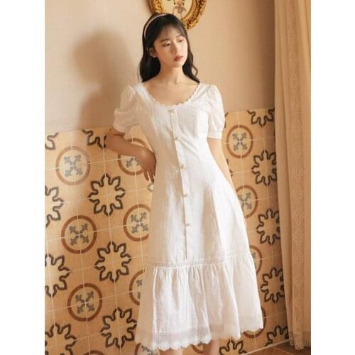 Romantic French Lace Dress Wave Round Neck Fashion Pearl Single Breasted Gentle Retro Midi Dress Summer Vestidos