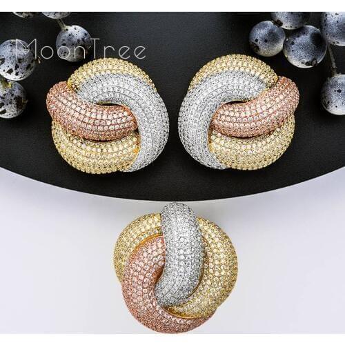 MoonTree Luxury Twist Braided Full Mirco Pink Cubic Zirconia Setting European Wedding Engagement Earring Fashion Jewelry Set