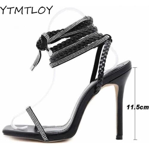Summer Sandals Womens Square Toe Crystal Rhinestone Sexy Wedding Shoes Fashion Woven Ankle Strap Stiletto Heels