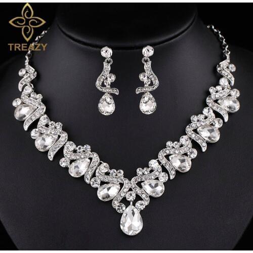 TREAZY Luxurious Crystal Bridal Jewelry Sets Waterdrop Style Necklace Earrings Sets Wedding Engagement Party Jewelry Accessories