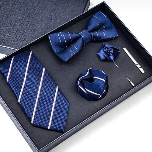 High Quality 7CM Blue Tie Set for Men Luxury Dress Necktie Bowtie Corsage Pocket Square Ties Clip Male Party Wedding Gift Box