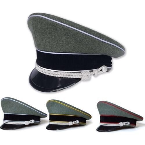 WWII WW2 Army Collectible Cap Greyish-green Officer Large Brim Hat Woolen SILVER CHIN CORD