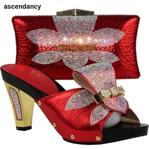 Women Shoes and Bag Set In Italy Red Color Italian Shoes with Matching Bag Set Decorated with Rhinestone Nigerian Wedding Shoes