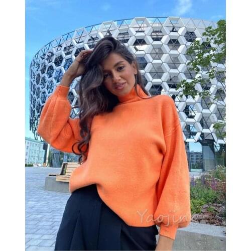 2020 New autumn winter fashion womens turtleneck lantern long sleeve candy color knitted sweater top jumper