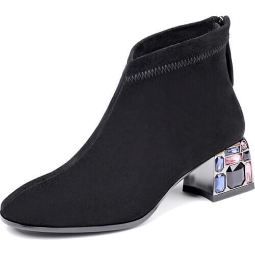 Genuine Leather Women Boots Natural Suede Leather Ankle Boots for Women Fashion Square Toe Thick High Heel Ladies Shoes