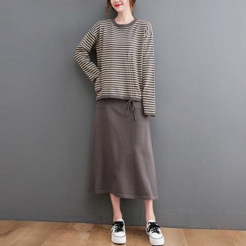 2 Piece Sets Women Casual Skirts Suits New Arrival 2021 Autumn Simple Style Female Striped Tops And A-line Long Skirt B1051