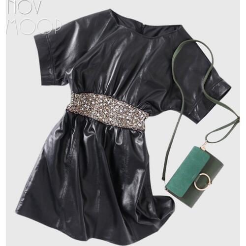 Heavy beading embroidery black genuine leather dress women lambskin A-Line dresses vestidos mujer elbise jurk LT1272 Free Ship