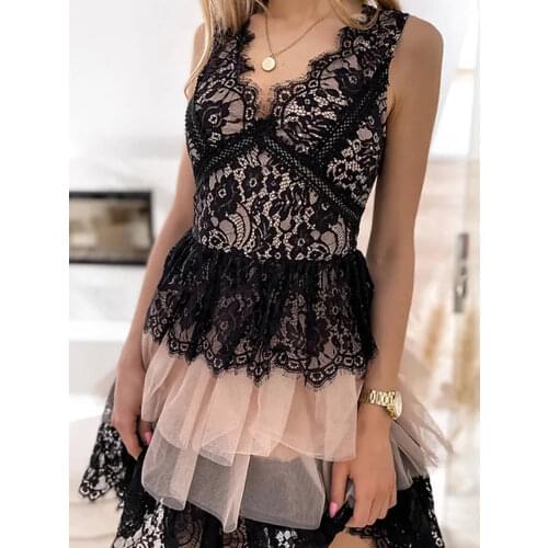 Women Elegant Tassel Lace V Neck Sling Dress Fashion Chic Crochet Hollow Out Mini Dress Sexy Off Shoulder Sleeveless Party Dress