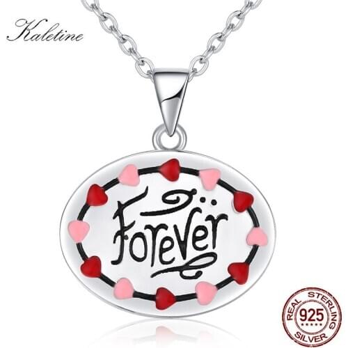 KALETINE 925 Silver Necklace Forever Heart Pink Red Heart Charm Forever Love Pendants Necklaces For Women Silver Pendant KLTN059