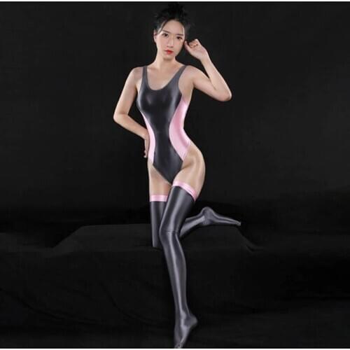 Fad 2pcs/Set Contrast Color Shiny Japanese Cosplay Sukumizu High Cut Hollow Out Bodysuit Silky Tights Skin-Friendly Bodystocking