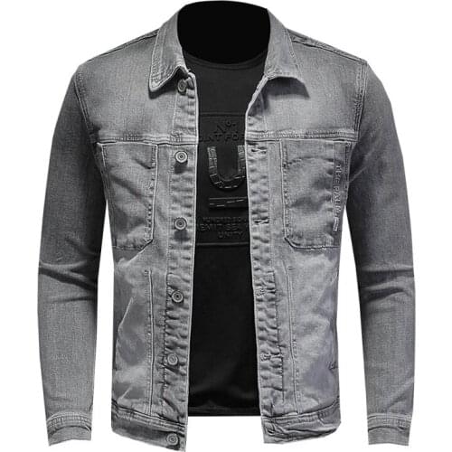 Gray stretch men denim jacket top vintage Streetwear Long Sleeve Button Coats Jeans Jacket Plus Size Ripped Slim Outerwear