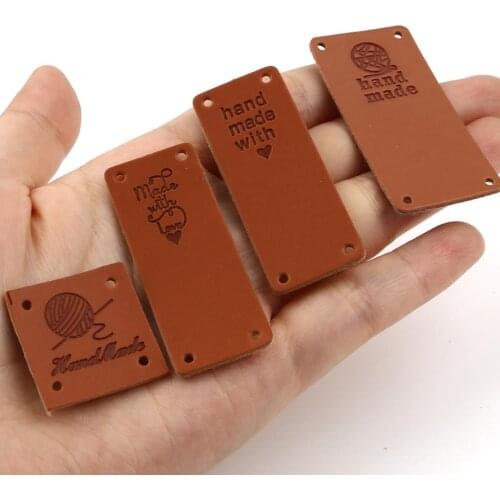 50pcs Brown Rectangle PU Leather Label Tags Handmade Cartoon Yarn Pattern Tag For DIY Knitted Bags Sew Label Accessories Supply
