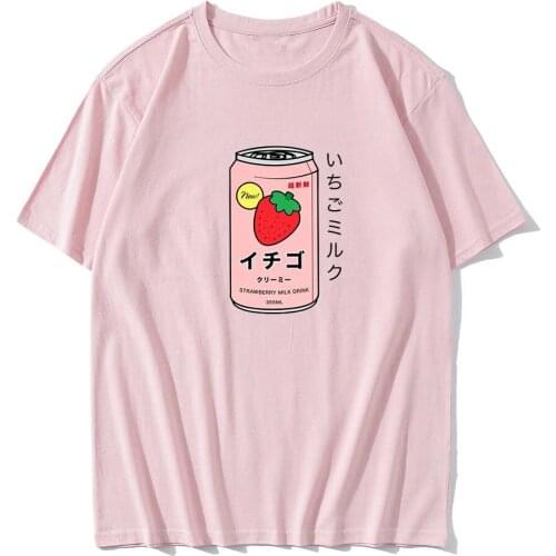 Japan Strawberry Juice Graphic Print T-shirt Women Summer Fashion Tshirt Tee Harajuku Aesthetic Pink Top Female T Shirt Feminina