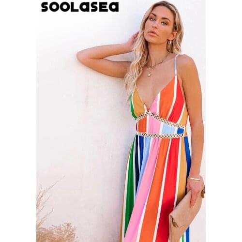 Soolasea 2021 Summer Beach Dress Women Colorful Striped Print Boho Long Dress Casual V-Neck Spliced Sexy Party Dress Vestidos