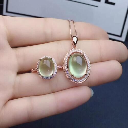 Wedding Best Gift Prehnite jewelry set Natural Real Prehnite 925 sterling silver 1 Prehnite pendant, 1 Prehnite ring