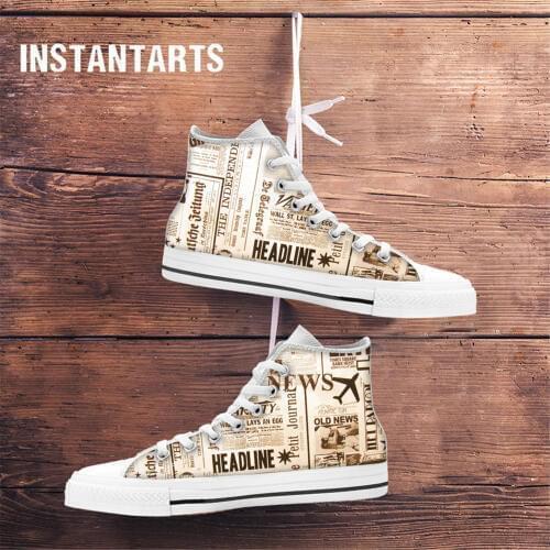 INSTANTARTS Newspaper Classic Womens Shoes Fashion High Top Vulcanize Shoes Ladies Breathable News Paper Sneakers Zapatos Flats