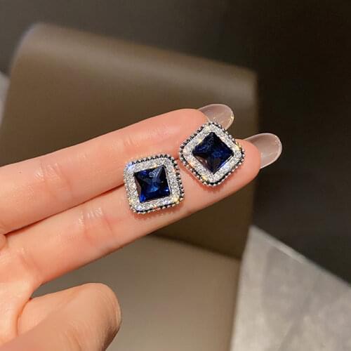 925 Silver Needle Korean Fashion Blue Rhinestone Square Earrings Temperament Personality Diamond Square Ear Studs for Women