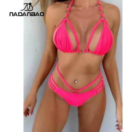NADANBAO 2021 Women Sexy Bikini Swimming Suit Two-piece Female Swimwear Solid Bather Bathing Suit Beachwear Halter Bikinis