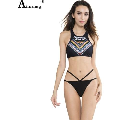 Aimsnug Women Two Pieces Set Retro Print Swimsuit Sexy Thong Push Up Swimwear Crop TOP 2021 Western Style Bathing Suits Femme