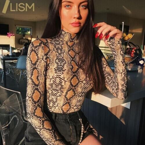LISM Sexy Serpentine Printing Workout Bodycon Bodysuit Rompers Womens Long Sleeve Bodysuit Fitness Playsuit Women Streetwear