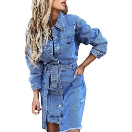 Denim Dress Women Single-breasted Belt Spring Autumn Lapel Pockets Irregular Hem Ripped Dress Belt Pockets Lapel Denim Dress