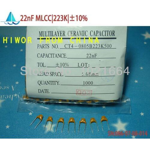 1000pcs/lot)(Capacitors|MLCC) 22nF 223K 50V Leaded Multilayer Monolithic Ceramic Capacitor , pitch:5.08MM, TOL:10