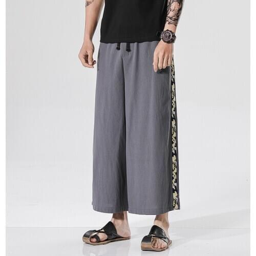 #2549 Black Blue Grey Vintage Wide Leg Pants Men Side Stripe Cotton Linen Pants Loose Retro Kimono Pants Plus Size Spring Summer