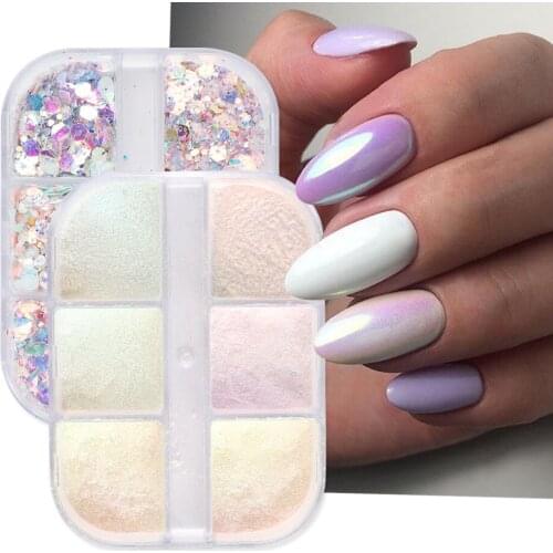 6Grids Aurora Nail Flakes Mermaid Gradient Shimmer Glitter Sequin Nail Art Decoration Dipping Powder Set for Manicure FB1909-12