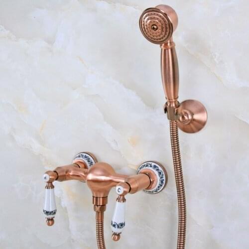 Antique Red Copper Brass Dual Ceramic Levers Base Wall Mounted Bathroom Hand Held Shower Head Faucet Set Mixer Tap ana303