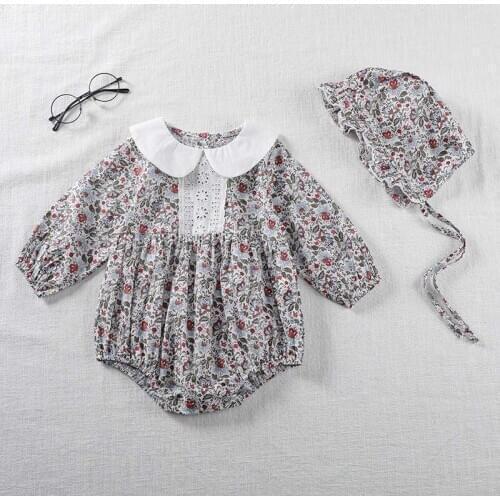 Newborn Infant Baby Girls Bodysuit Doll Collar Floral Printing Bodysuit Long Sleeve Jumpsuit With Hat Autumn Baby Clothing
