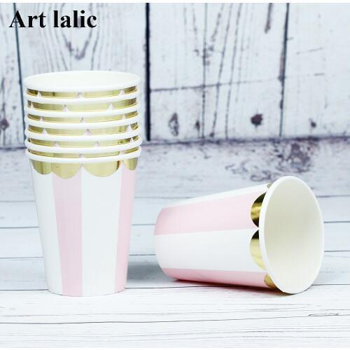 8pcs/lot Foil Gold Striped Paper Cups Disposable Tableware Wedding Birthday Decorations Baby Shower For Kids Girls Boys CP070
