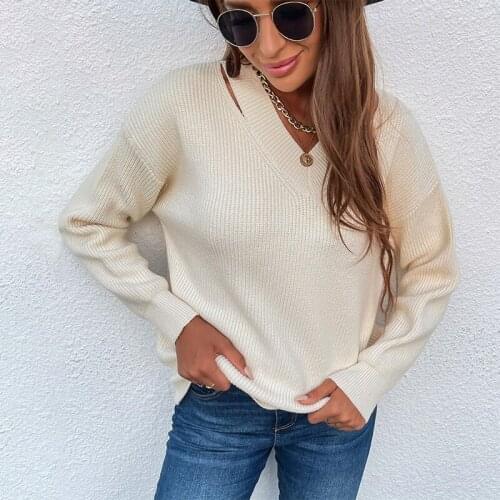 Elegant Solid Color Women Sweater Long Sleeve V-neck Autumn Winter Fashion Casual Tops Womens Clothing Feminine 2021