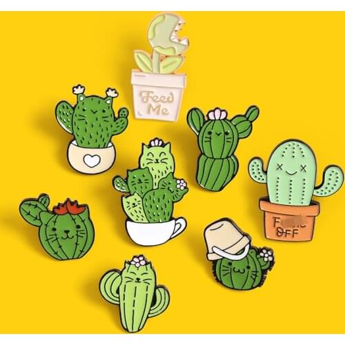 Potted Cactus Cat Enamel Pin Custom smile Face Cactus Brooches Shirt Clothes Lapel Bag Funny Plant Badge Jewelry Gift for Kids