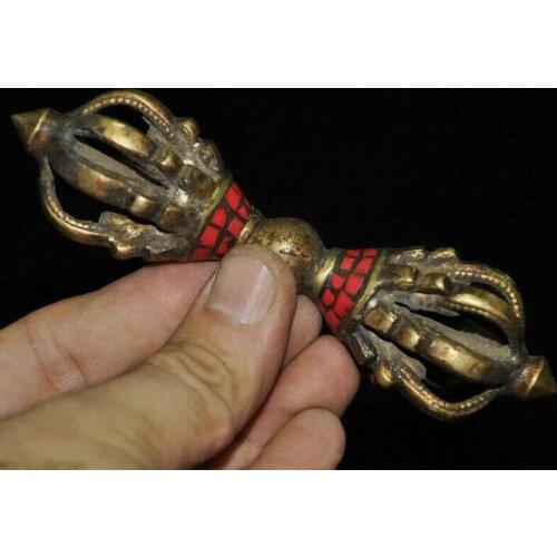 Tibet Buddhism pure Bronze inlay Coral Vajra Dorje Phurpa Exorcism Talisman Faqi