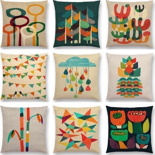 Colorful Cartoon Plants Cute Trees Rain Stars Flowers Leaf Rainbow Geometric Abstract Pattern Cushion Cover Sofa Pillow Case