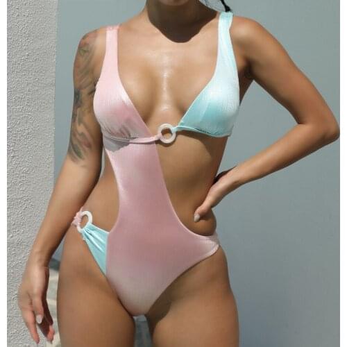 Summer Sexy Shiny Reflective Belt Ring Swimsuit Women Swimsuit Adult Shiny Hollow Color Block Swimsuit With Chest Pad