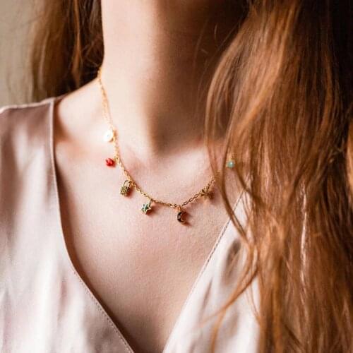 Summer fashion minimal flower moon star kiss heart drop enamel cz paved charm choker necklace for women cute girl jewelry gifts