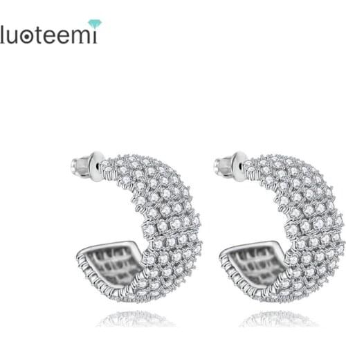 LUOTEEMI 2016 Latest Full Clear CZ Crystal Micro Setting Half Hoop Shape Stud Earrings Women Fashion Jewelry