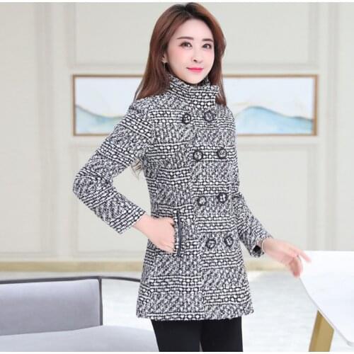 M-6XL Women Wool Blends Coat Autumn Winter 2021 Fashion Mother Overcoat Turtleneck Plaid Slim Long Tweed Woolen Outerwear Female