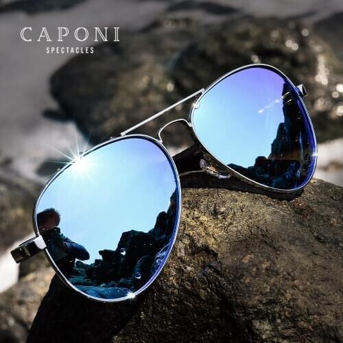 CAPONI Blue Mirror Sunglasses For Men 100% Polarized Pilot Driving Mens Sun Glasses UV Ray Cut 2021 Fashion Blue Shades CP3110