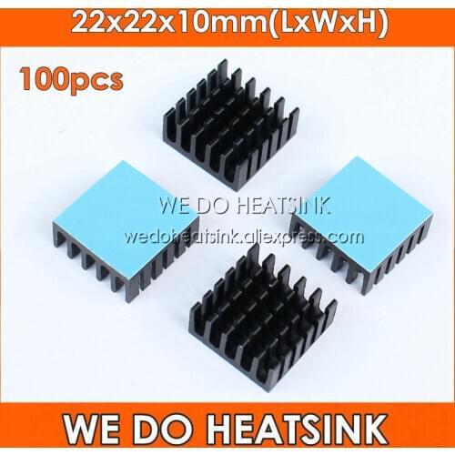 WE DO HEATSINK 100pcs 22x22x10mm Black Slotted Anodized Aluminum Heatsink IC Radiator With Thermal Adhesive Transfer Pads