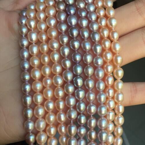Natural freshwater pearl pink purple 7-8 MM grain-shaped flawless AAA pearl DIY loose beads 15 inch